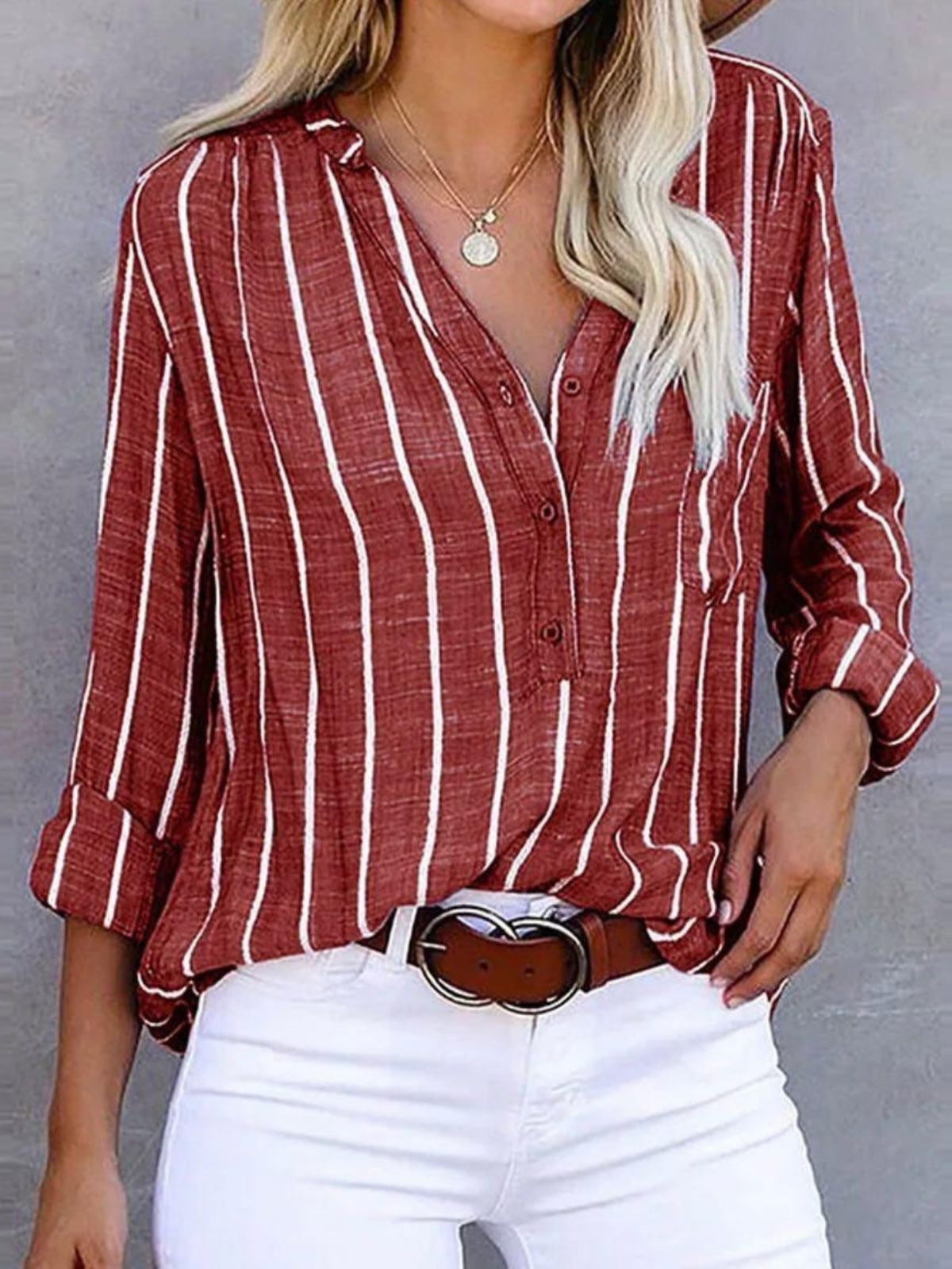 Women's Vertical Stripe Button-Front Blouse