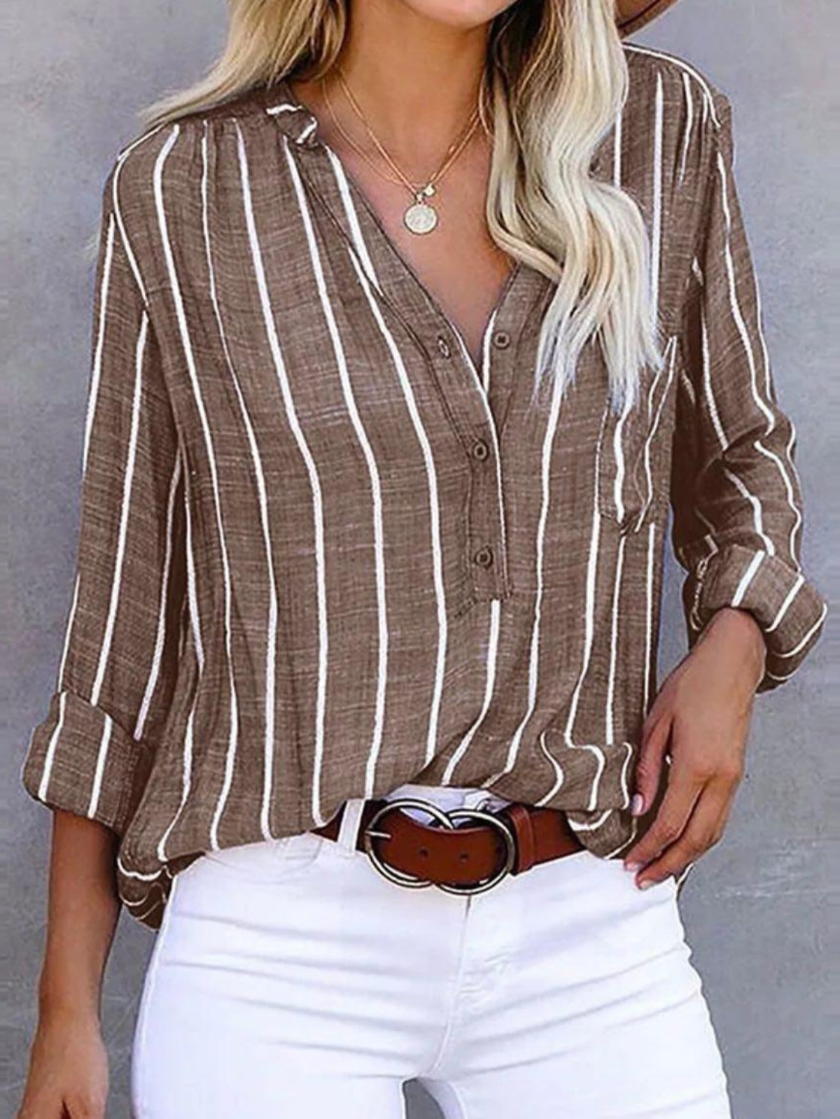 Women's Vertical Stripe Button-Front Blouse