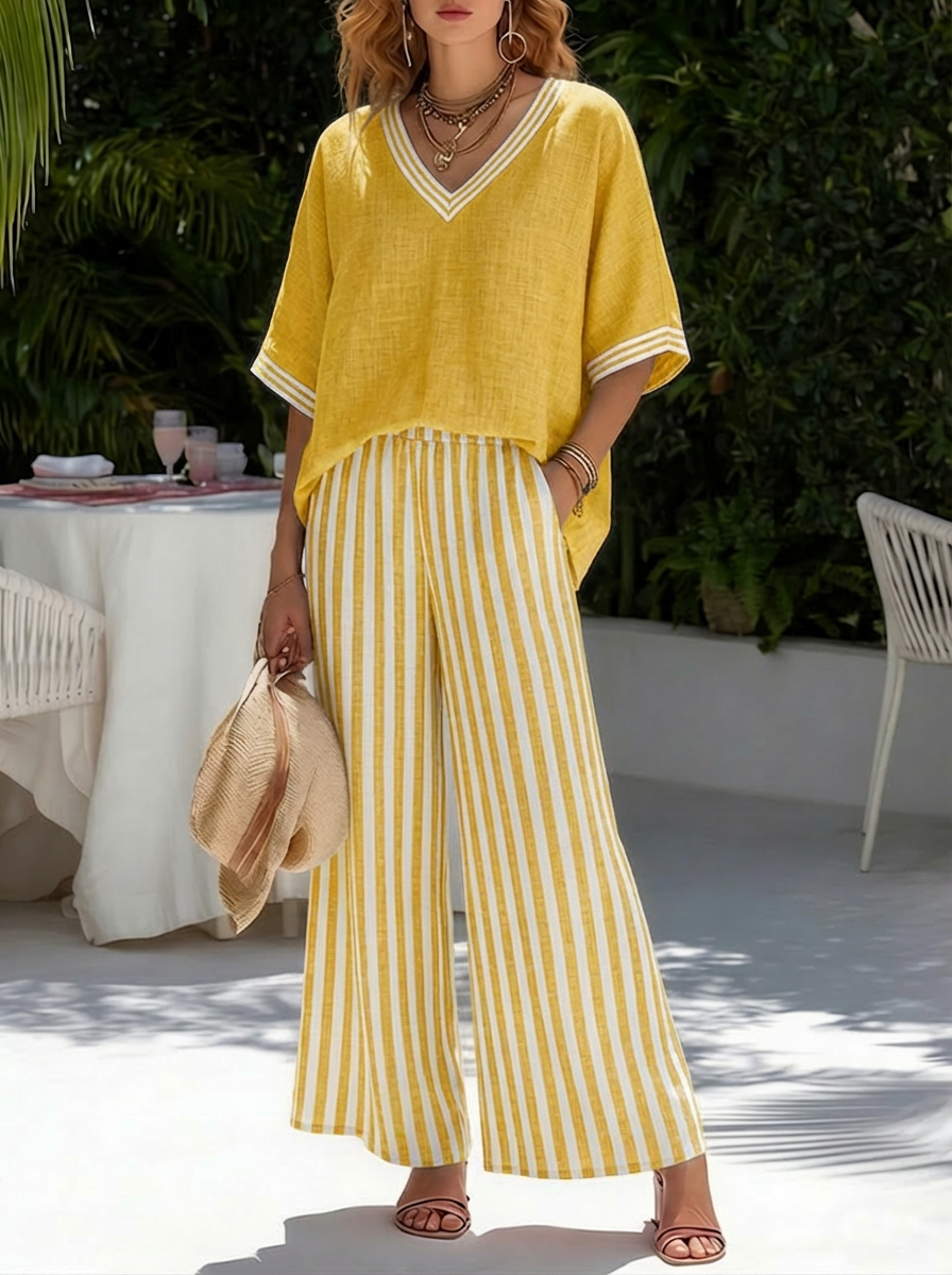 Women's Striped V-Neck Top & Wide-Leg Trouser Set