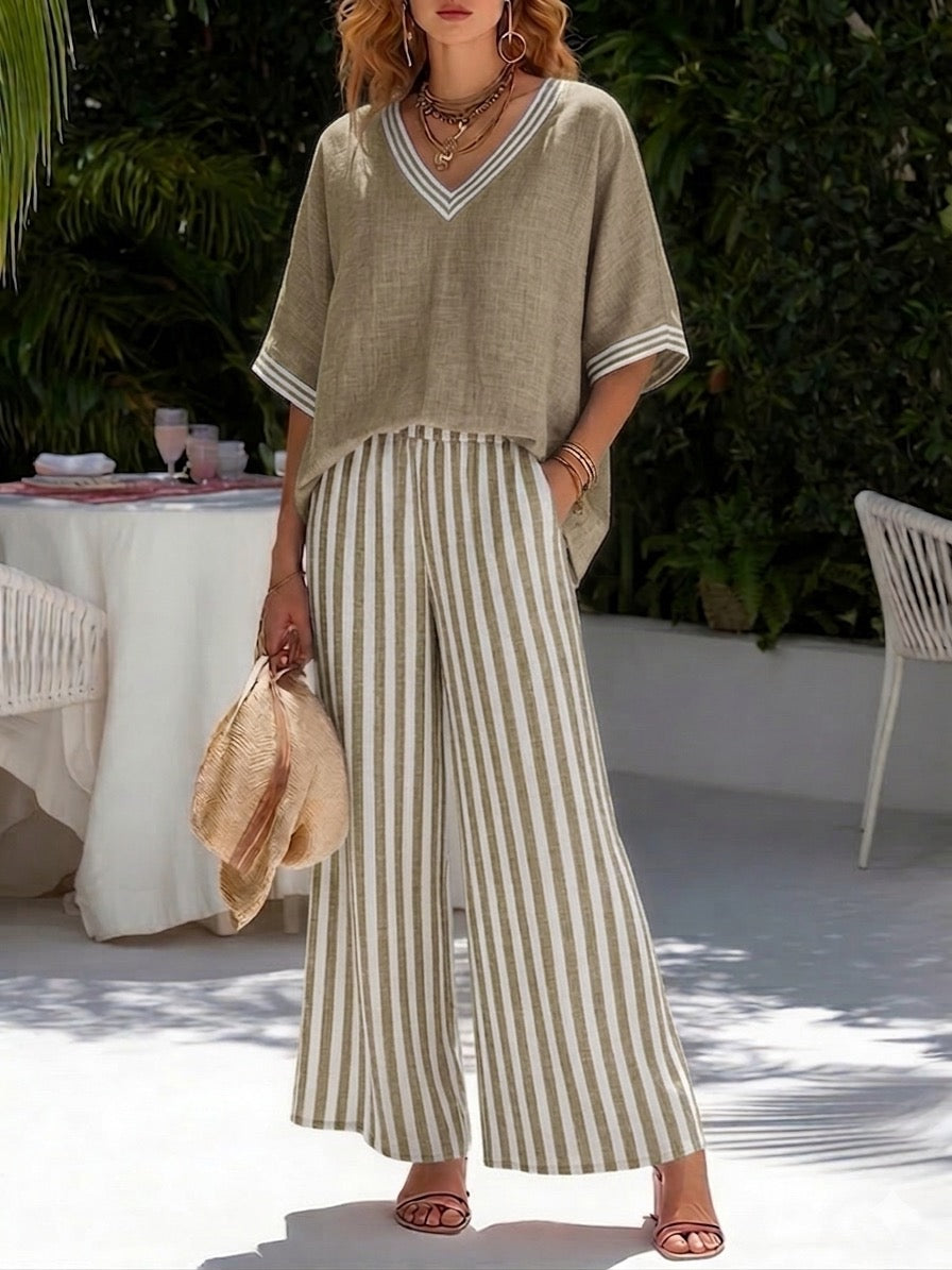 Women's Striped V-Neck Top & Wide-Leg Trouser Set