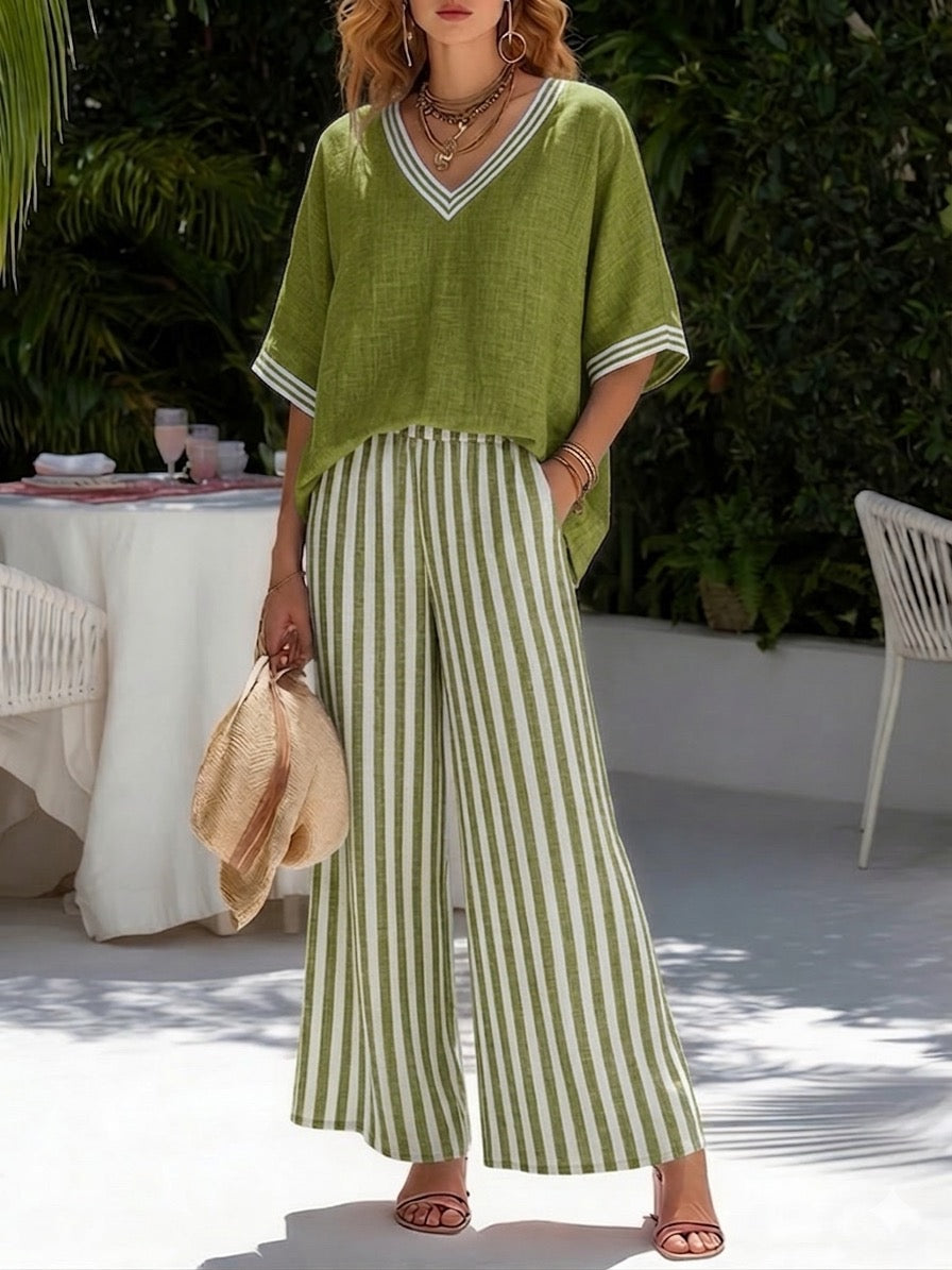 Women's Striped V-Neck Top & Wide-Leg Trouser Set