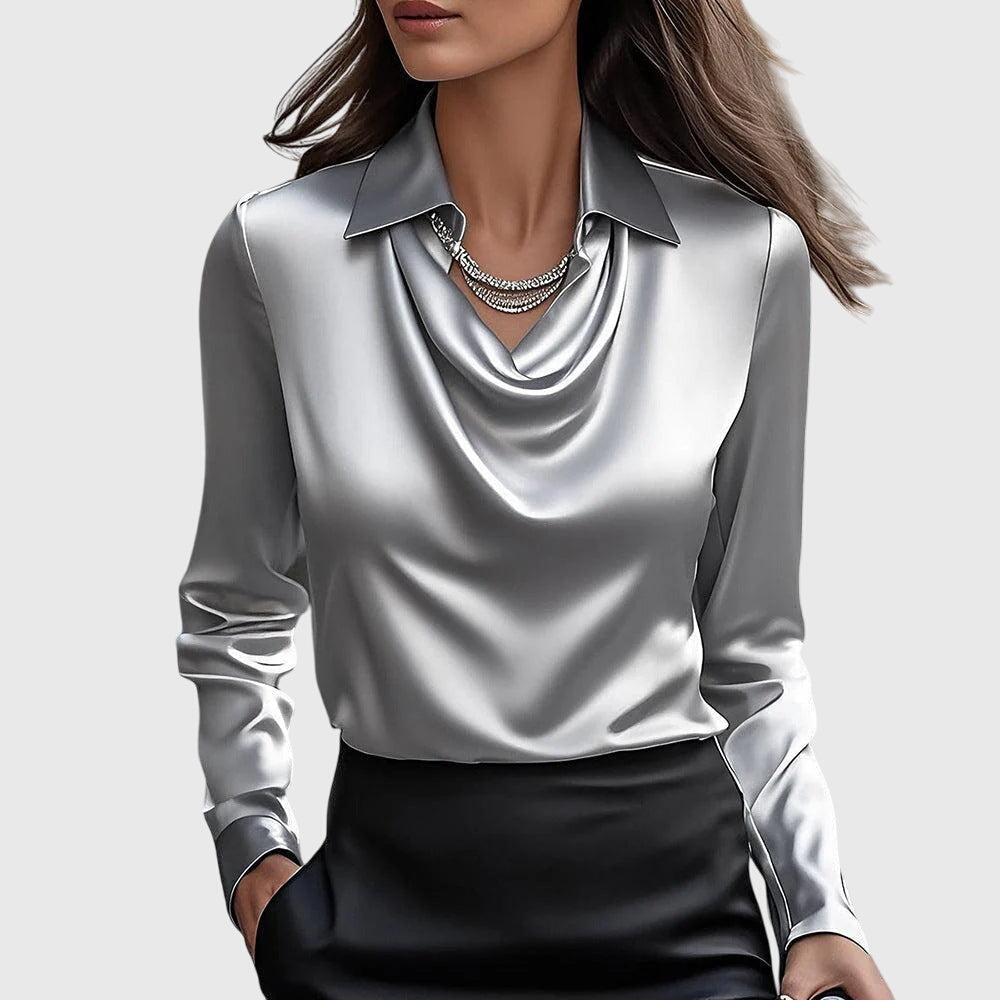 Women's Cowl Neck Collared Long Sleeve Blouse