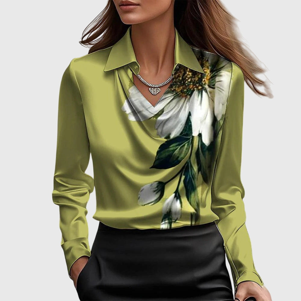 Women's Cowl Neck Collared Long Sleeve Blouse