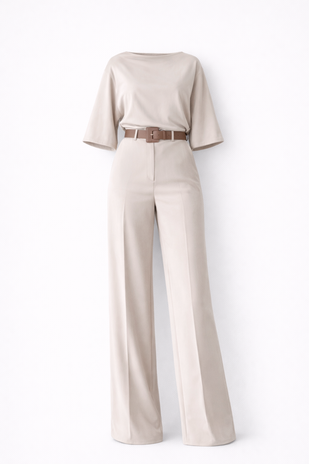 Women's Short Sleeve Top & Wide-Leg Trouser Set in Beige