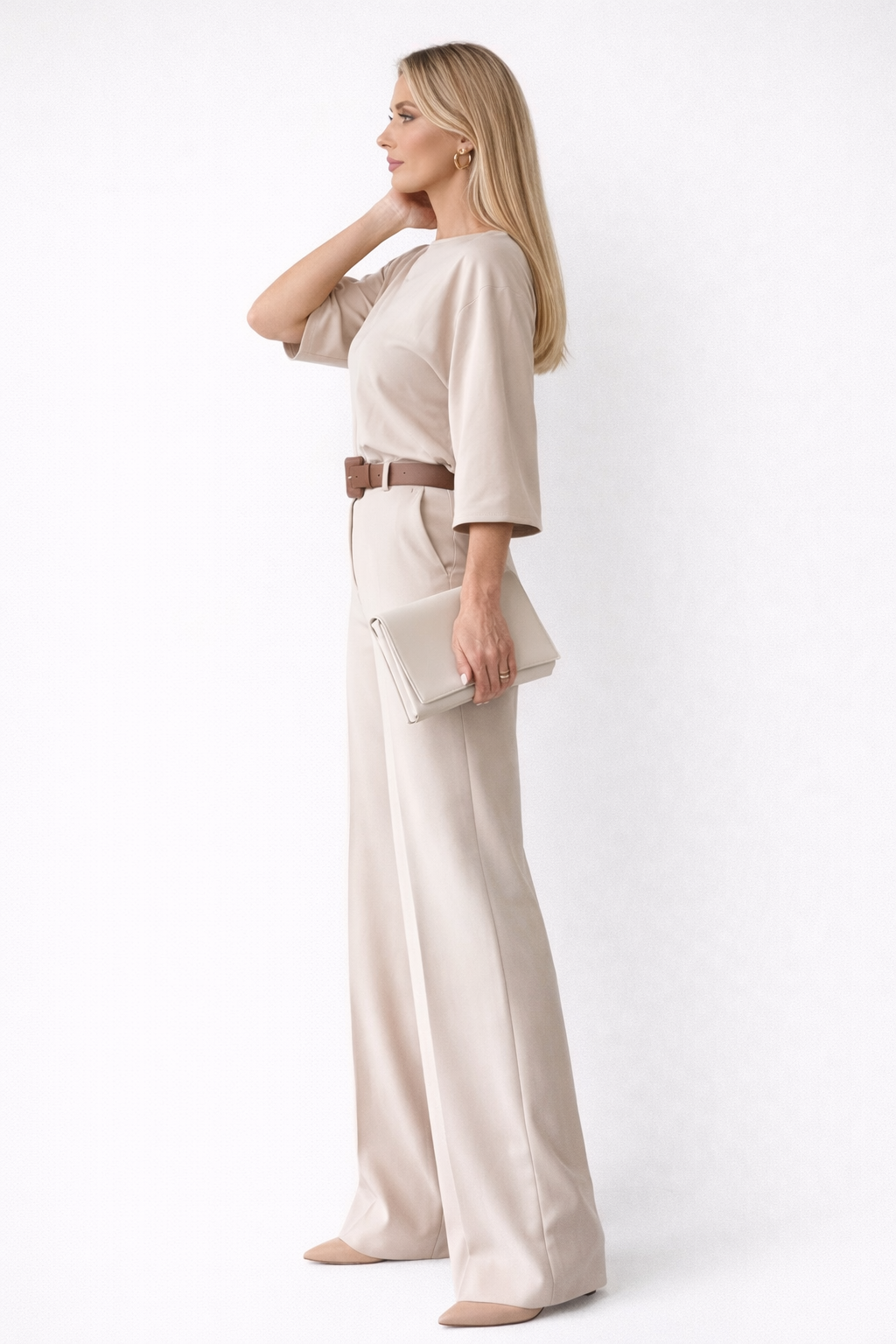 Women's Short Sleeve Top & Wide-Leg Trouser Set in Beige
