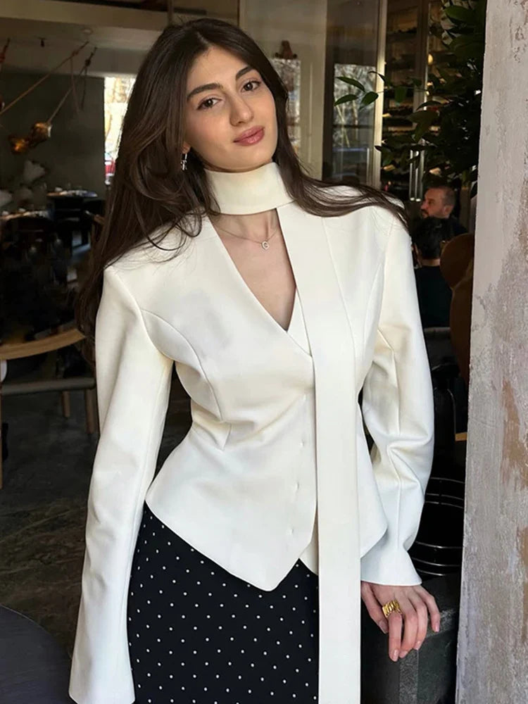 Women's V-Neck Blazer with Attached Scarf
