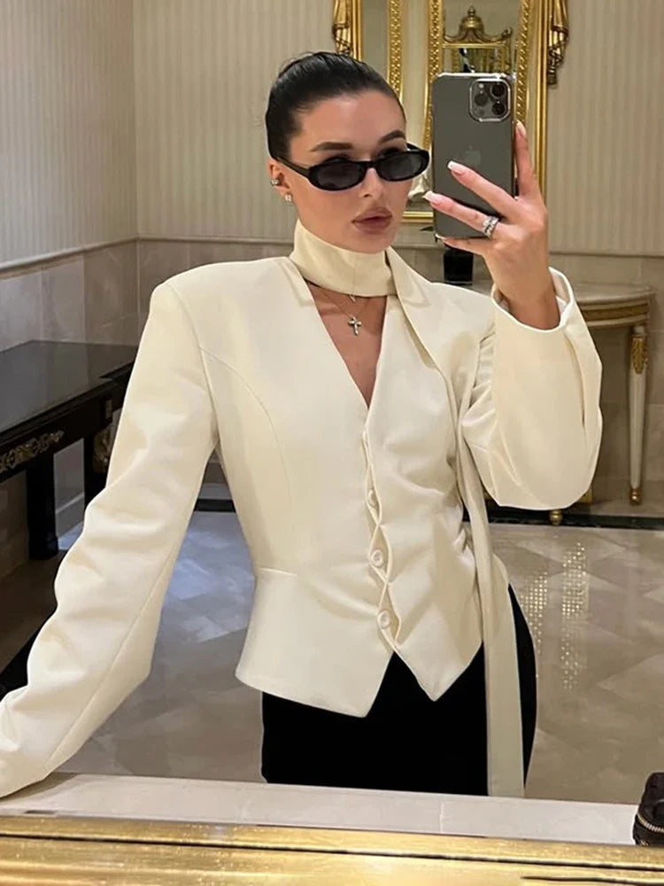 Women's V-Neck Blazer with Attached Scarf