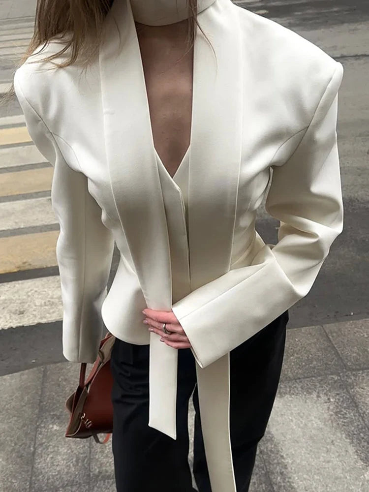Women's V-Neck Blazer with Attached Scarf