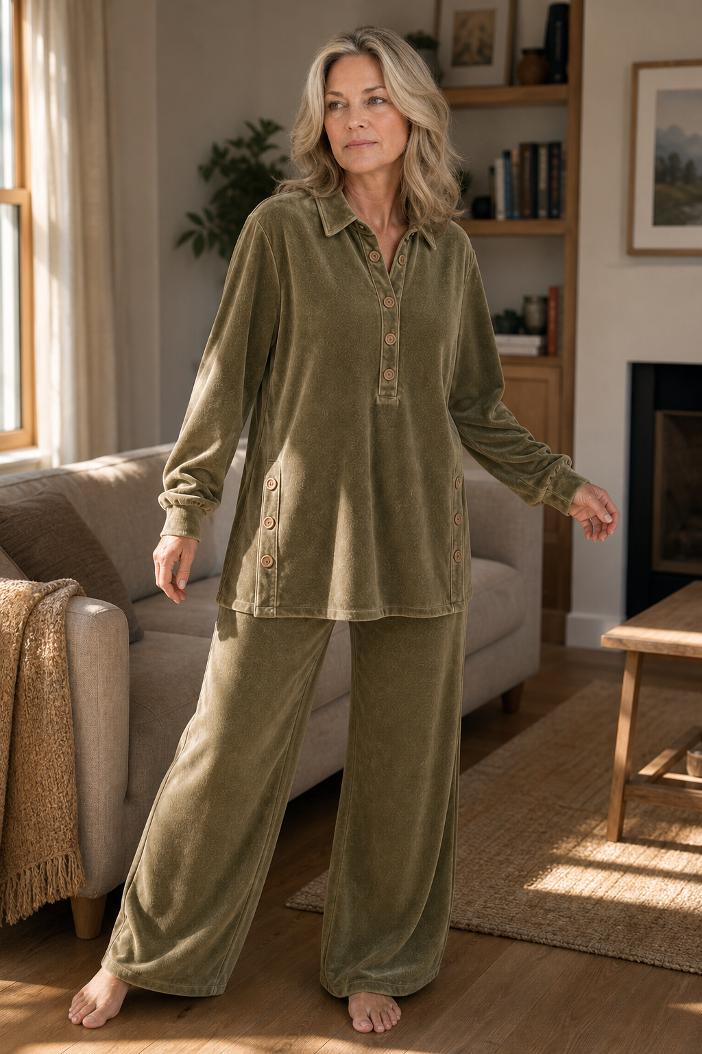 Women's Textured Button-Up Shirt & Wide-Leg Trouser Set