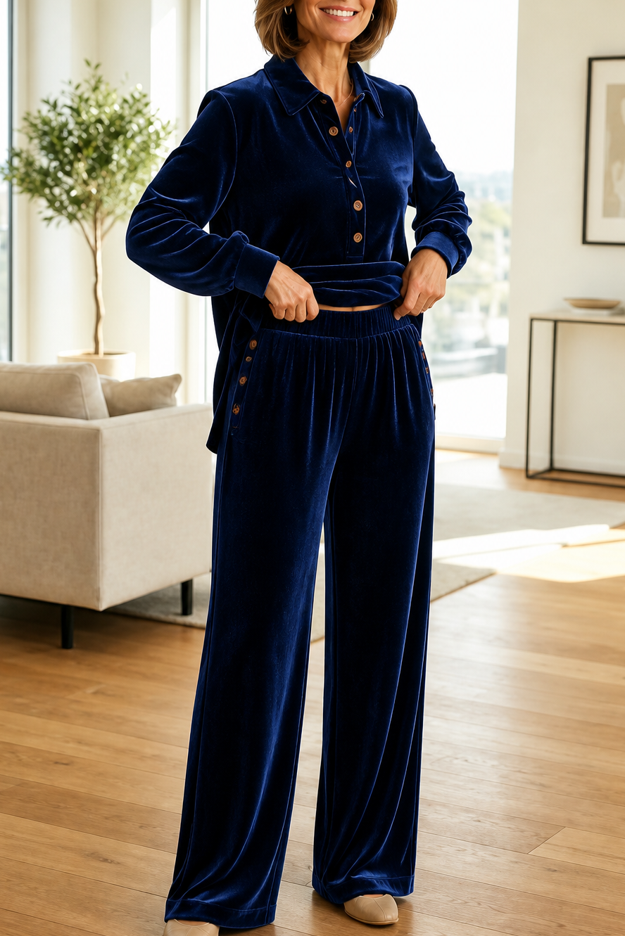 Women's Textured Button-Up Shirt & Wide-Leg Trouser Set