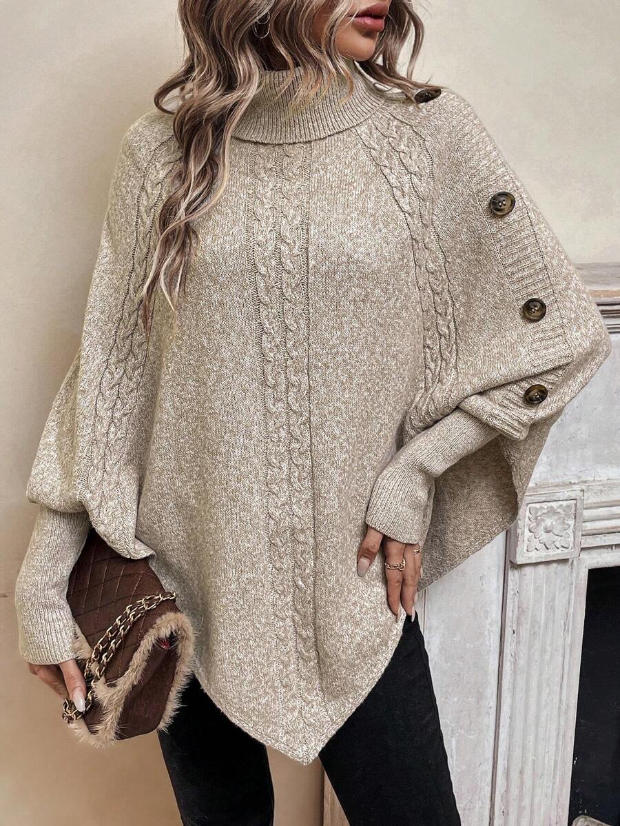 Women's Roll Neck Cable Knit Poncho Jumper