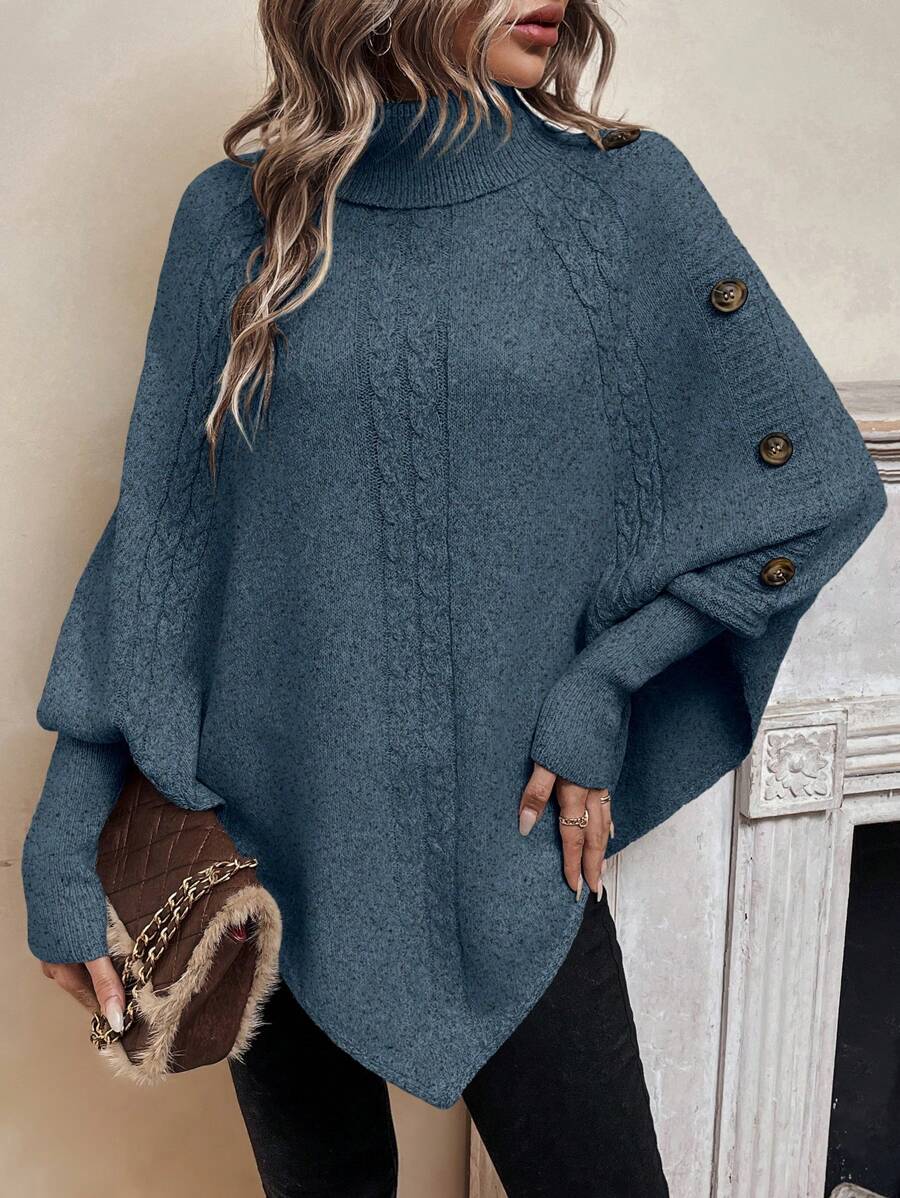 Women's Roll Neck Cable Knit Poncho Jumper
