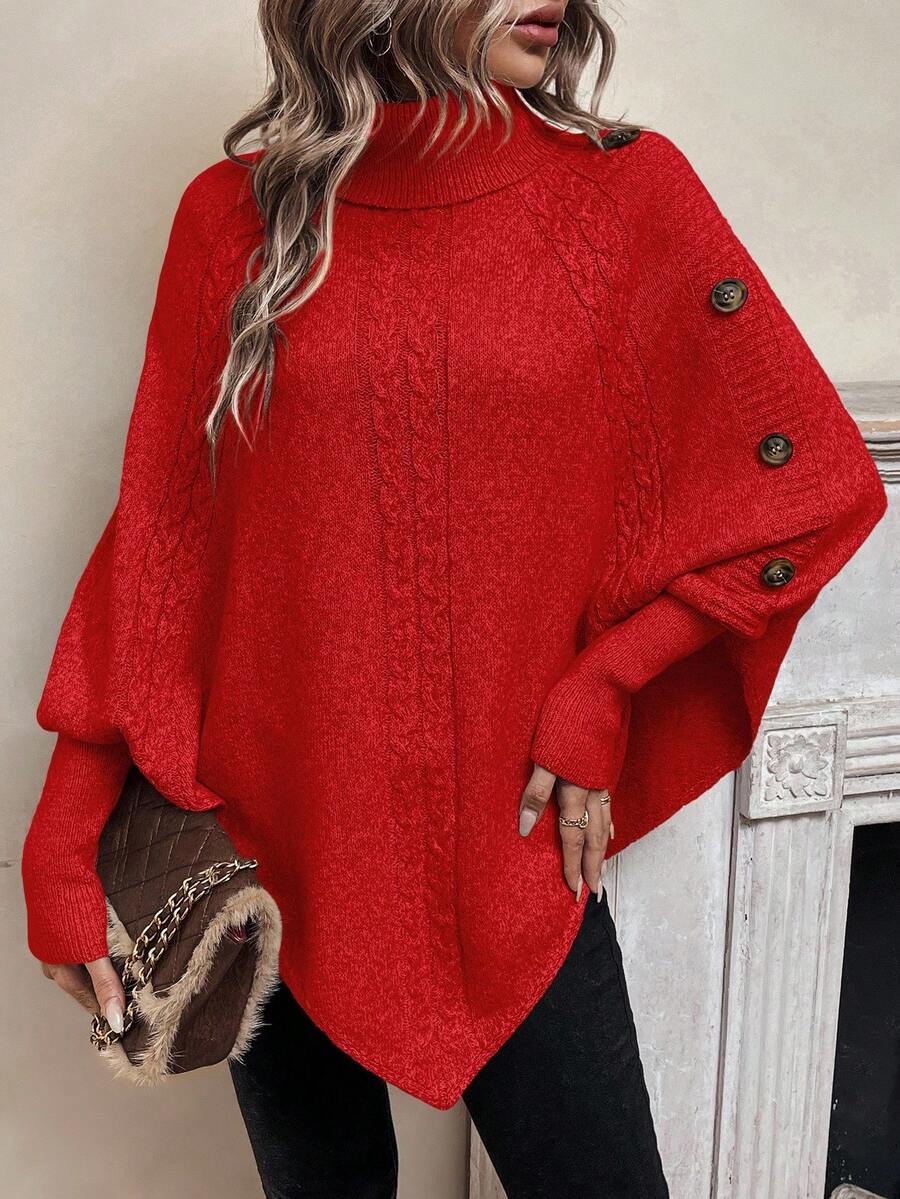 Women's Roll Neck Cable Knit Poncho Jumper