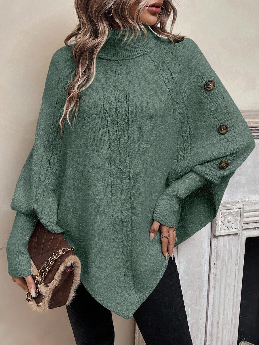 Women's Roll Neck Cable Knit Poncho Jumper