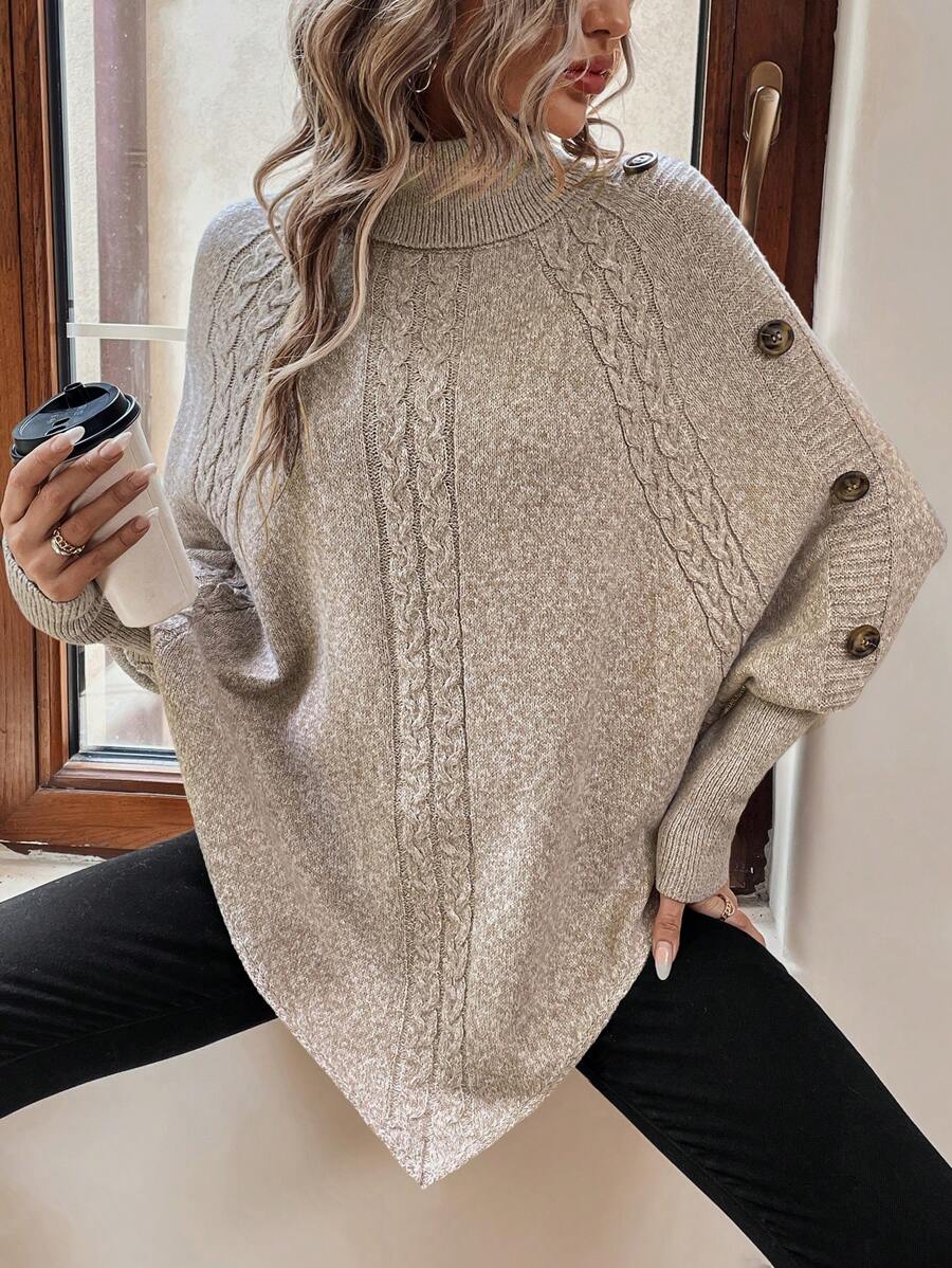 Women's Roll Neck Cable Knit Poncho Jumper