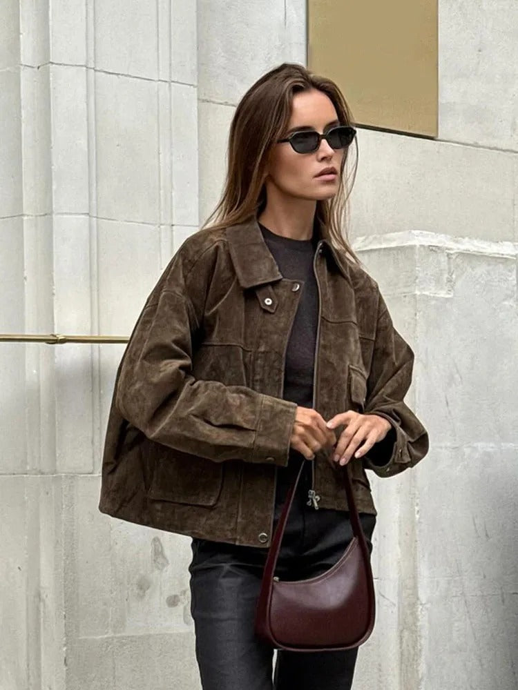 Women's Oversized Faux Suede Utility Jacket in Brown