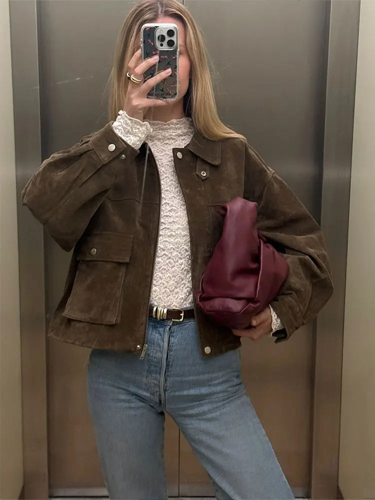 Women's Oversized Faux Suede Utility Jacket in Brown