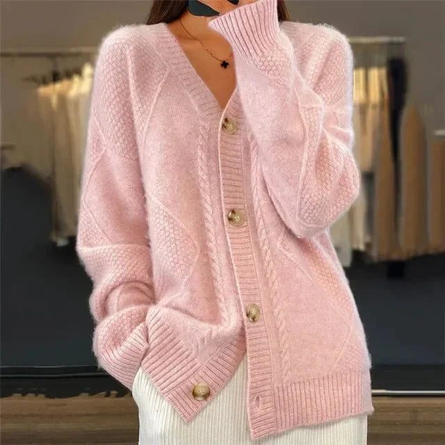 Women's V-Neck Diamond Knit Button Cardigan