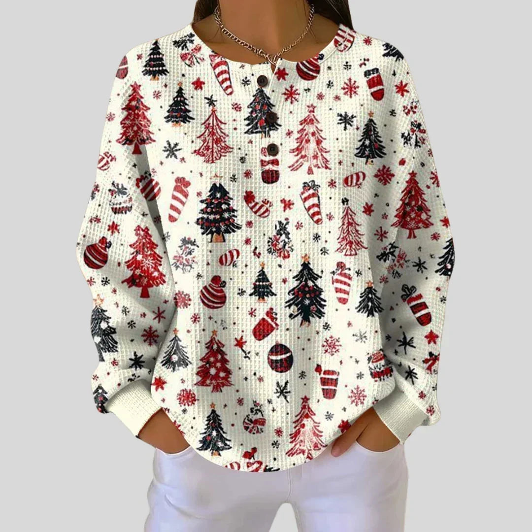Women's Christmas Jumper Tree Print Waffle Knit