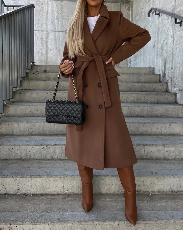 Women's Long Belted Double-Breasted Wool-Look Coat