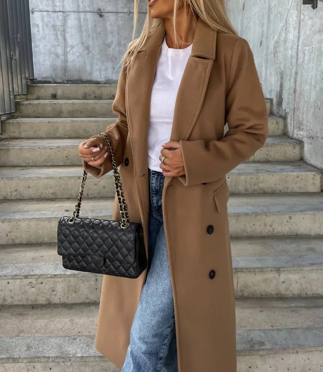 Women's Long Belted Double-Breasted Wool-Look Coat