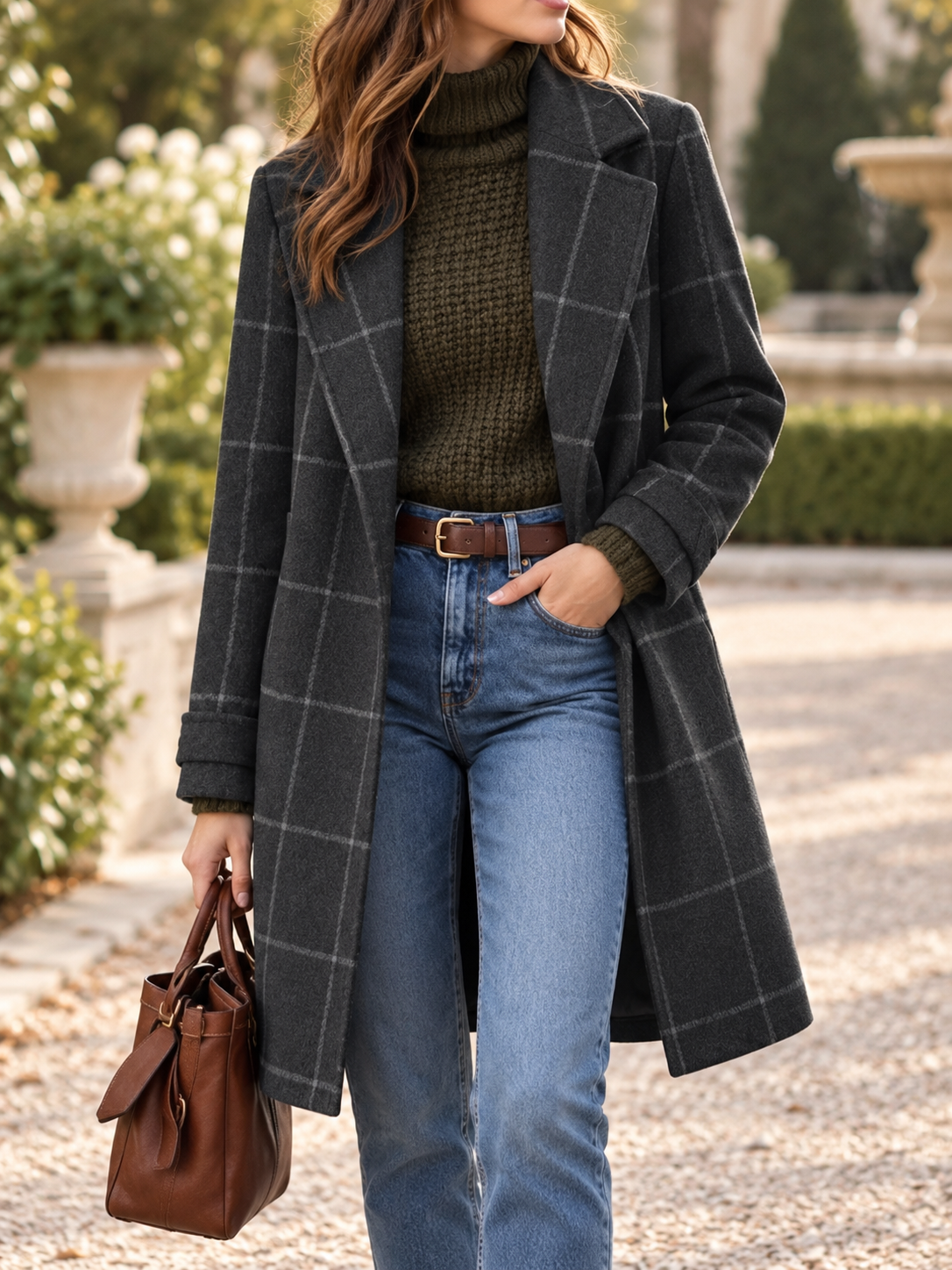 Women's Windowpane Check Wool-Look Longline Coat