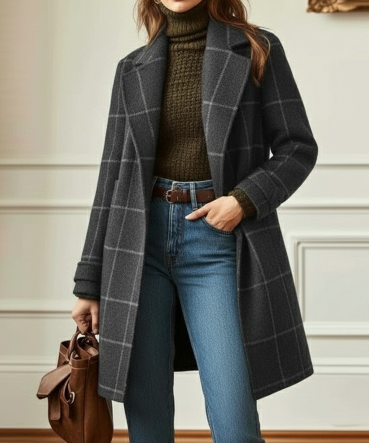 Women's Windowpane Check Wool-Look Longline Coat
