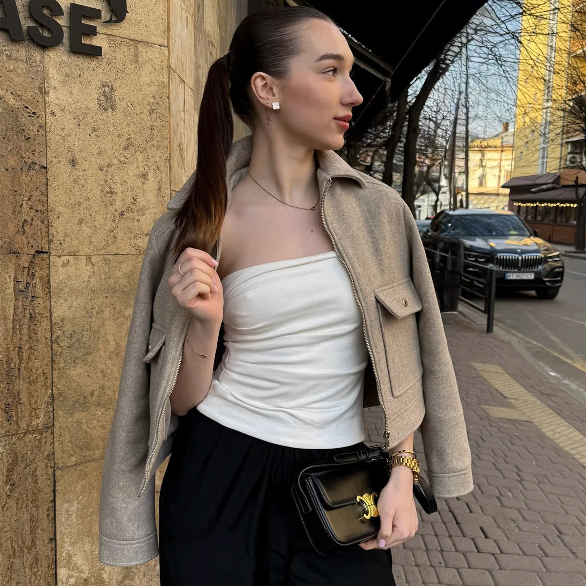 Women's Cropped Zip-Up Wool-Look Jacket with Flap Pockets