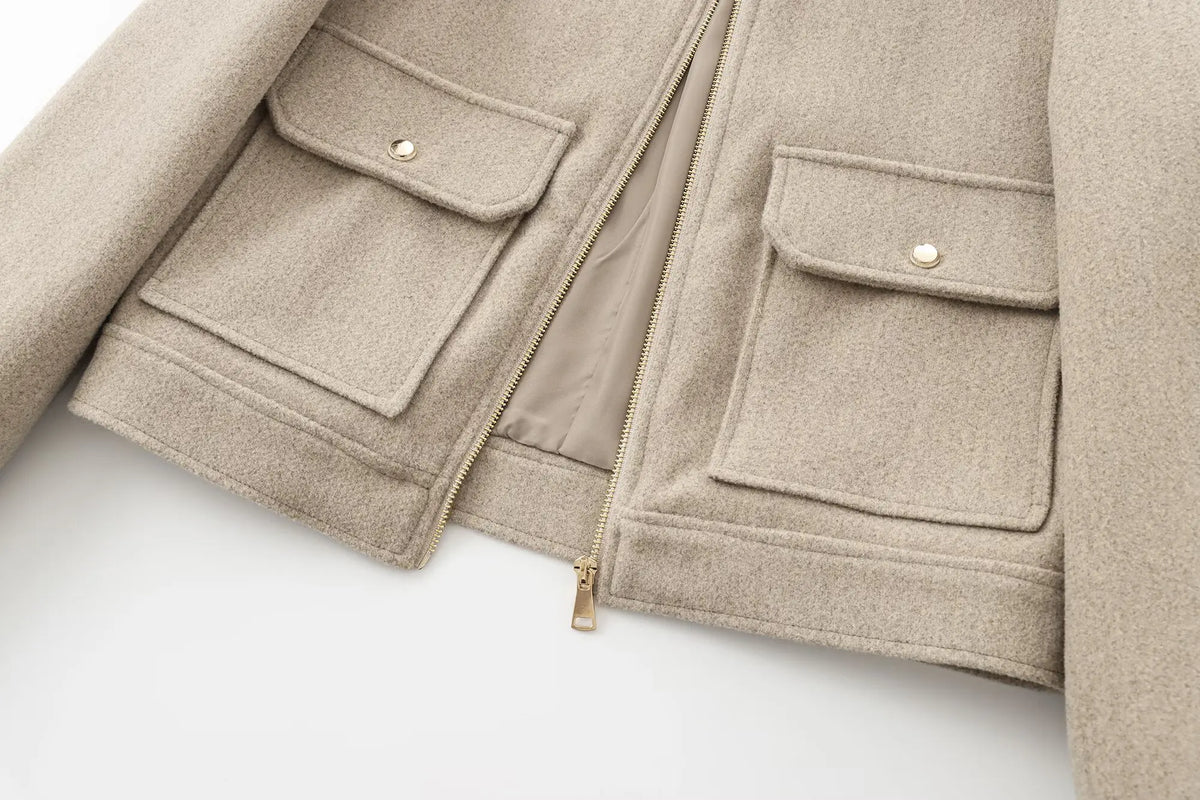 Women's Cropped Zip-Up Wool-Look Jacket with Flap Pockets