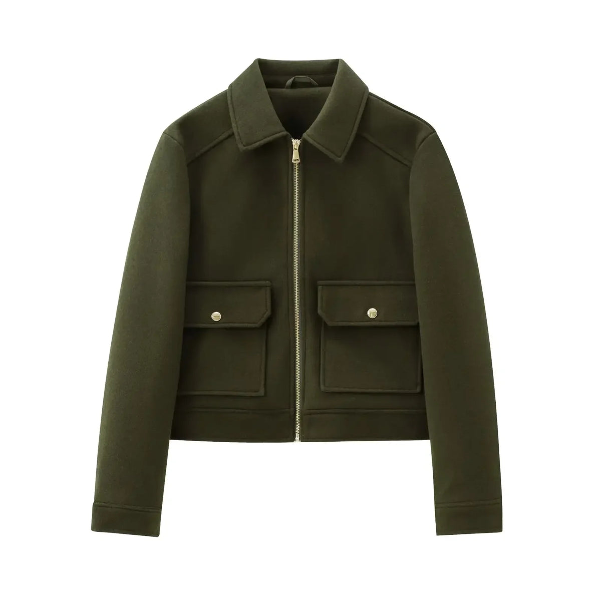 Women's Cropped Zip-Up Wool-Look Jacket with Flap Pockets