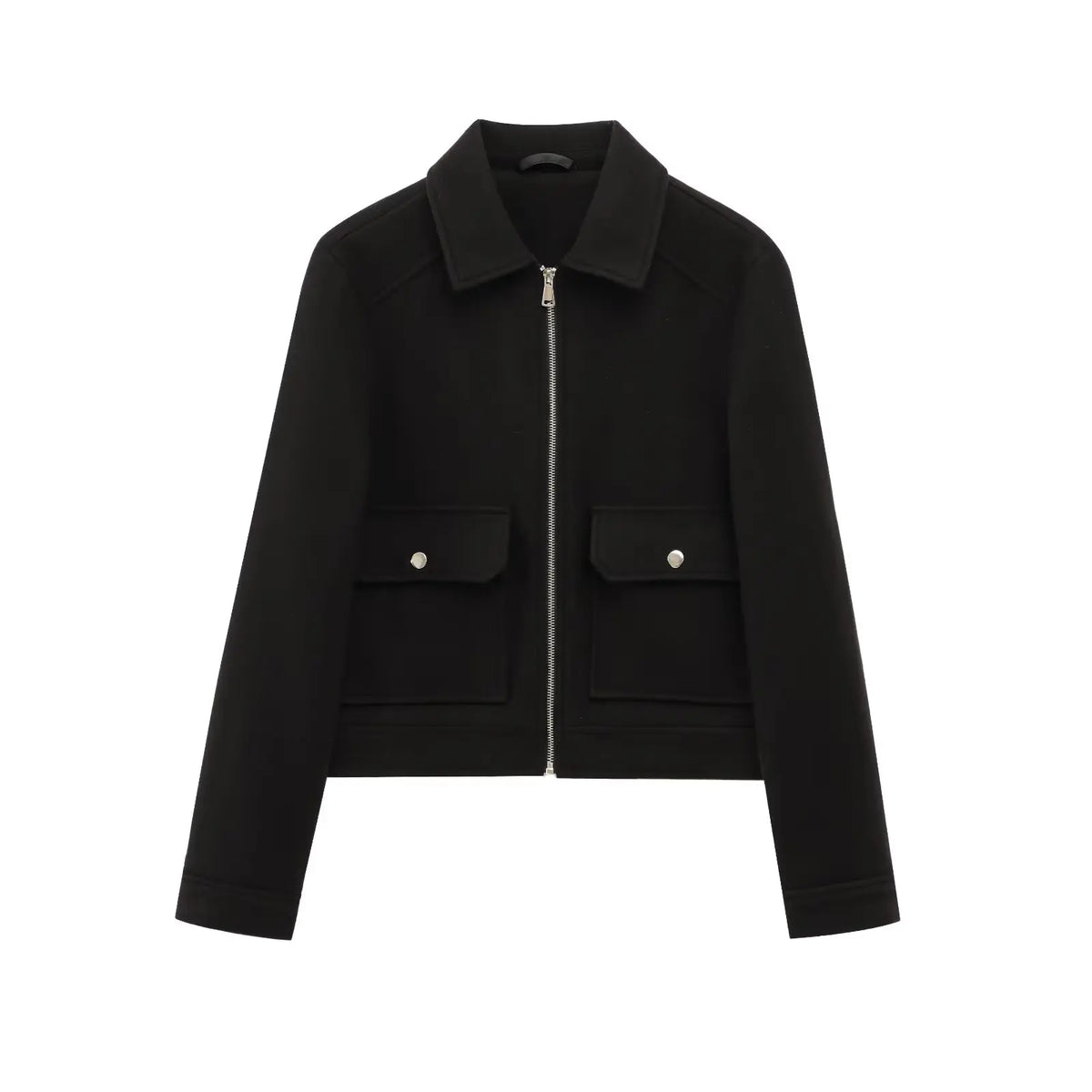 Women's Cropped Zip-Up Wool-Look Jacket with Flap Pockets