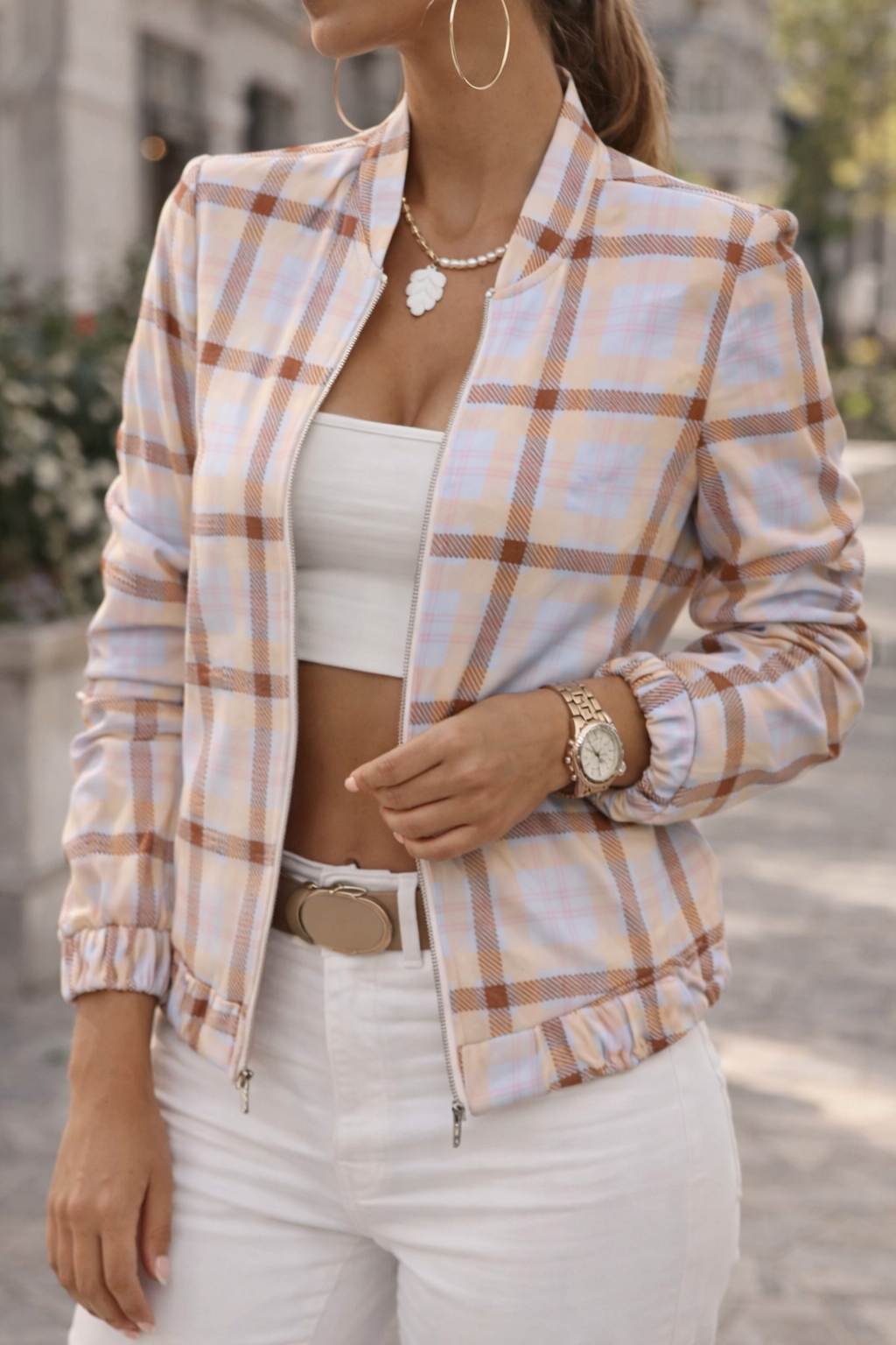Women's Zip-Front Bomber Jacket with Stand Collar