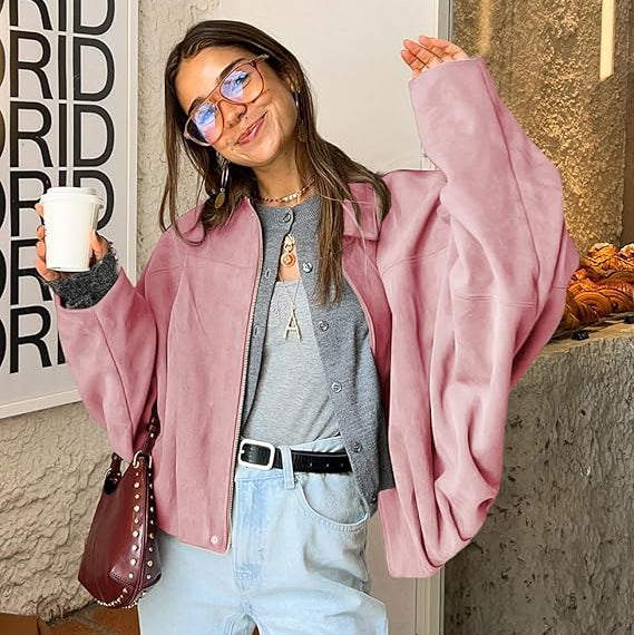 Women's Cropped Faux Suede Bomber Jacket with Pointed Collar