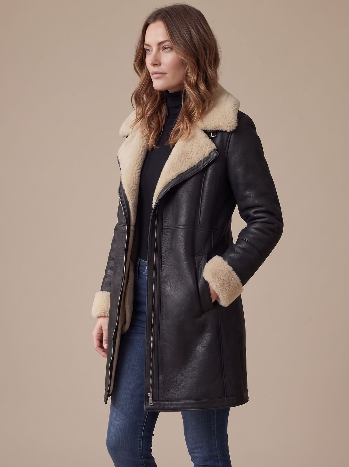 Women's Aviator Faux Shearling Zip-Up Coat with Contrast Collar