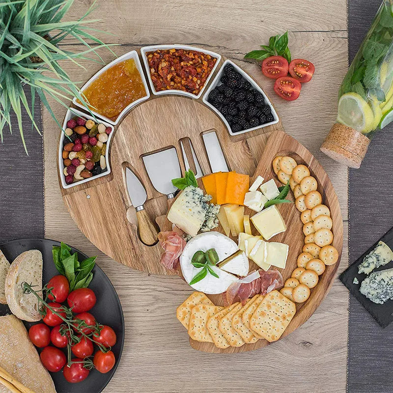 Acacia Wood Cheese Board Set with 4 Ceramic Bowls and 4 Stainless Steel Cheese Knives