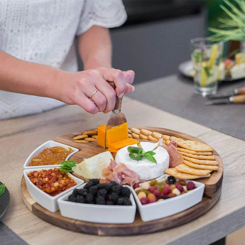 Acacia Wood Cheese Board Set with 4 Ceramic Bowls and 4 Stainless Steel Cheese Knives