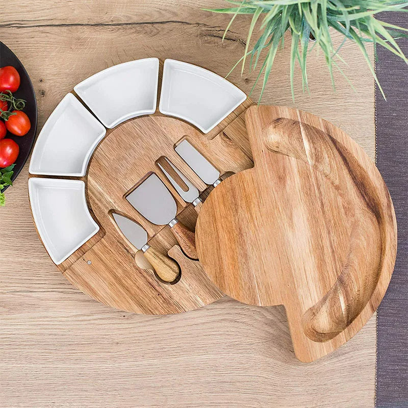 Acacia Wood Cheese Board Set with 4 Ceramic Bowls and 4 Stainless Steel Cheese Knives