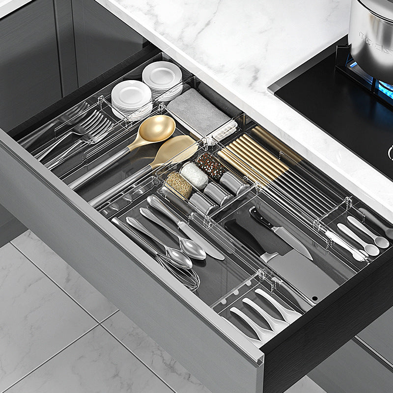 Adjustable Kitchen Drawer Organizer with Cutlery Tray – Versatile Plastic Drawer Dividers for Utensils and Spices