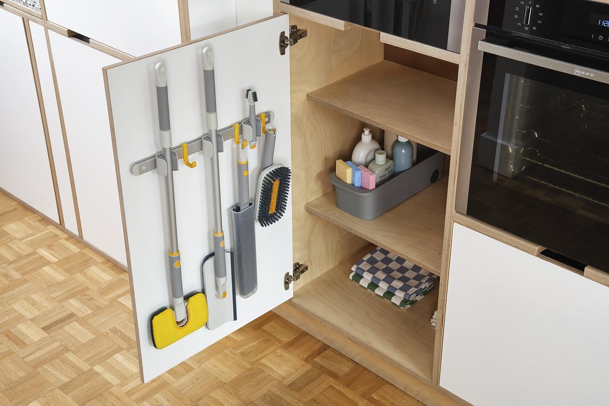Aluminium Cleaning Tool Storage Rail – Adjustable Hooks and Pole Grips for Organised Storage