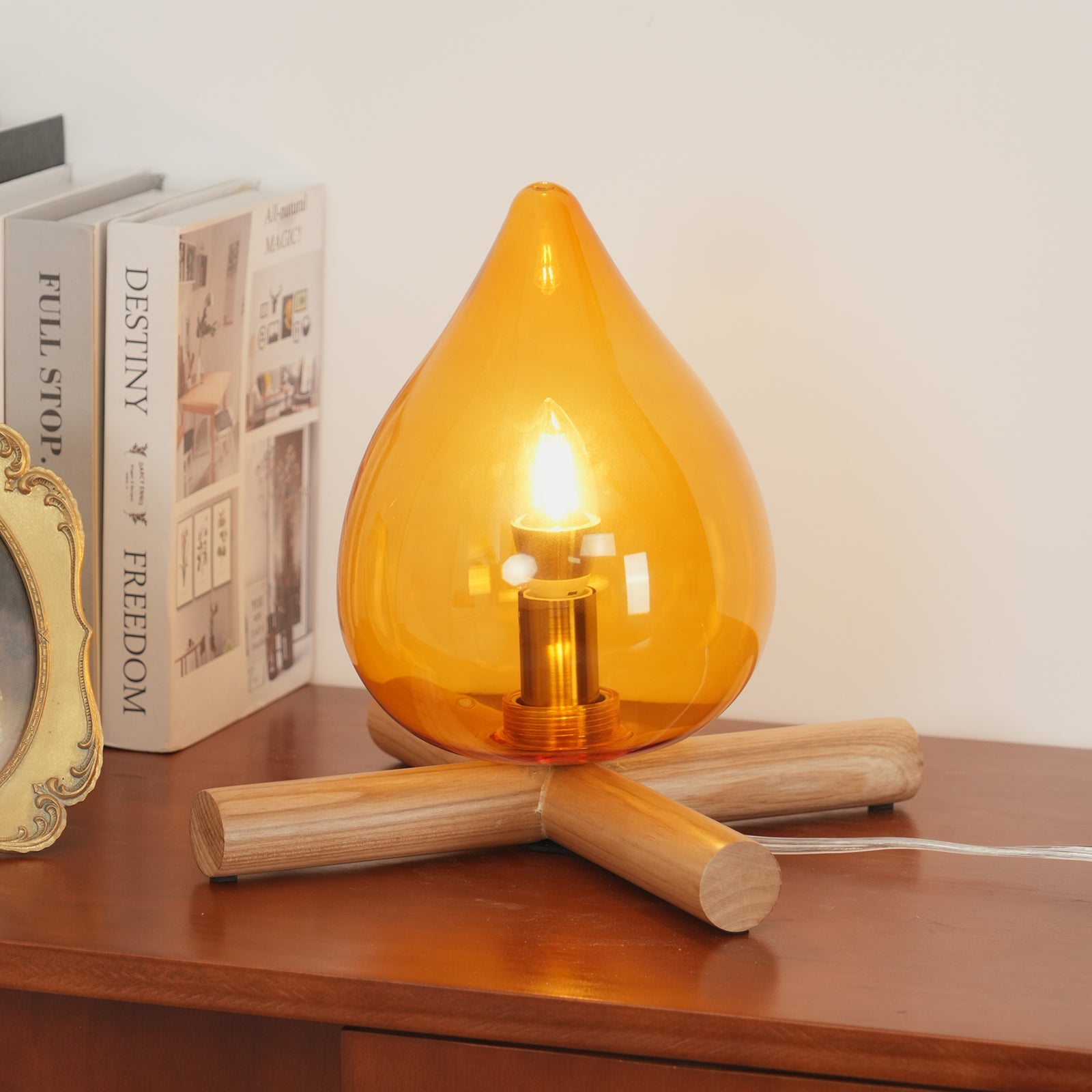Artistic Table Lamp with Hand-Blown Glass Shade and Wooden Base – 30cm Diameter Bedside or Desk Lamp for Bedroom Decor