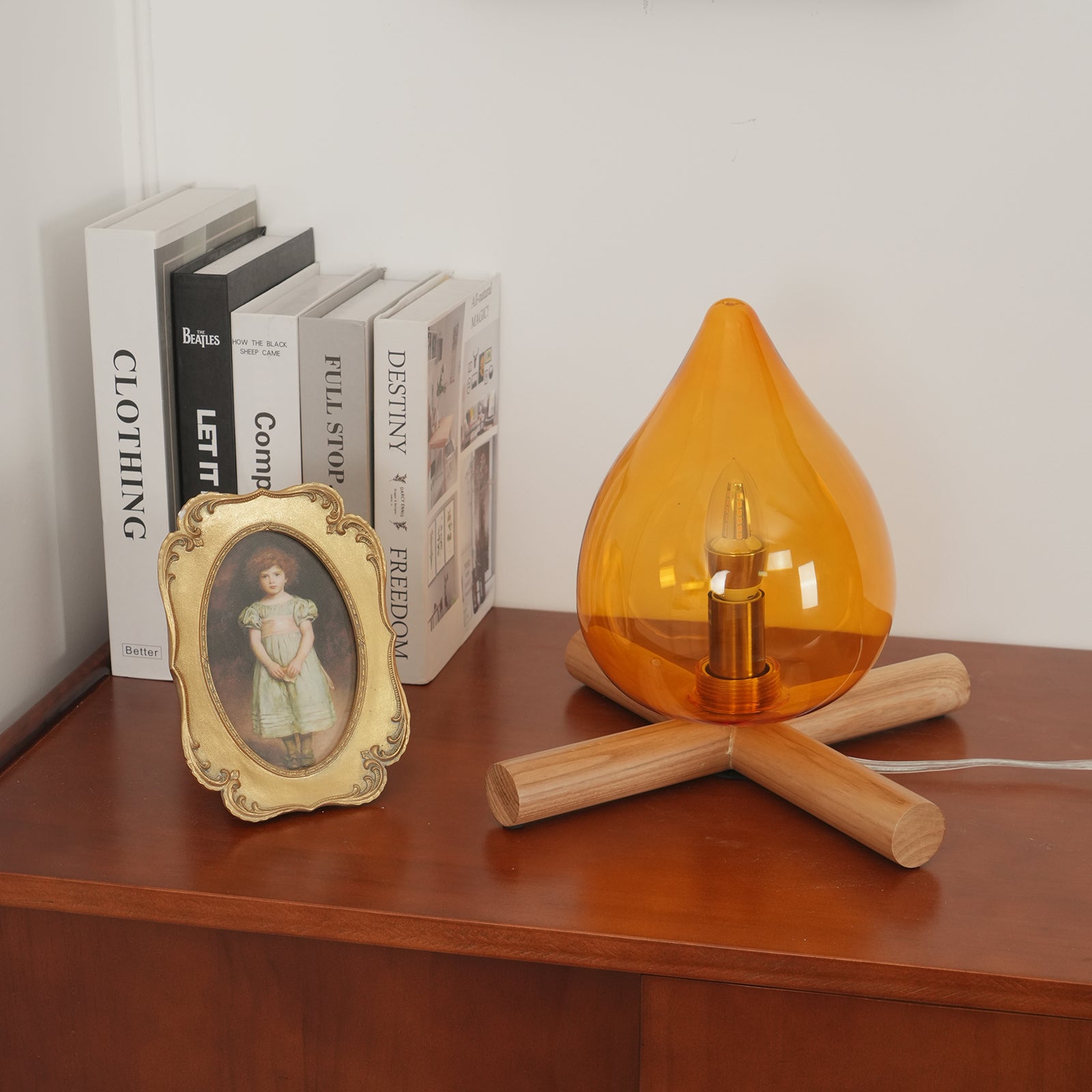 Artistic Table Lamp with Hand-Blown Glass Shade and Wooden Base – 30cm Diameter Bedside or Desk Lamp for Bedroom Decor