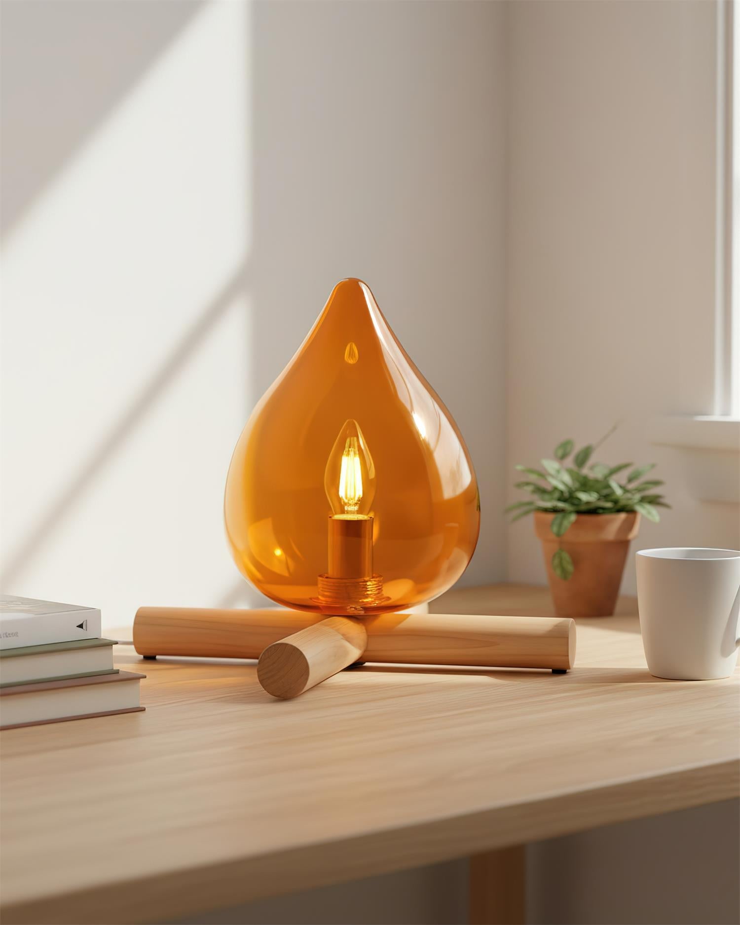 Artistic Table Lamp with Hand-Blown Glass Shade and Wooden Base – 30cm Diameter Bedside or Desk Lamp for Bedroom Decor