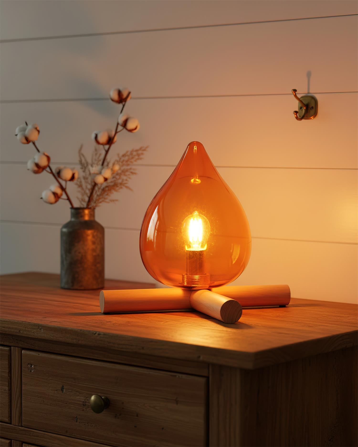Artistic Table Lamp with Hand-Blown Glass Shade and Wooden Base – 30cm Diameter Bedside or Desk Lamp for Bedroom Decor
