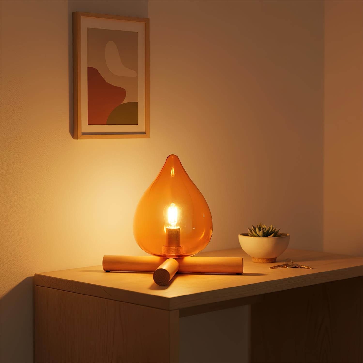 Artistic Table Lamp with Hand-Blown Glass Shade and Wooden Base – 30cm Diameter Bedside or Desk Lamp for Bedroom Decor