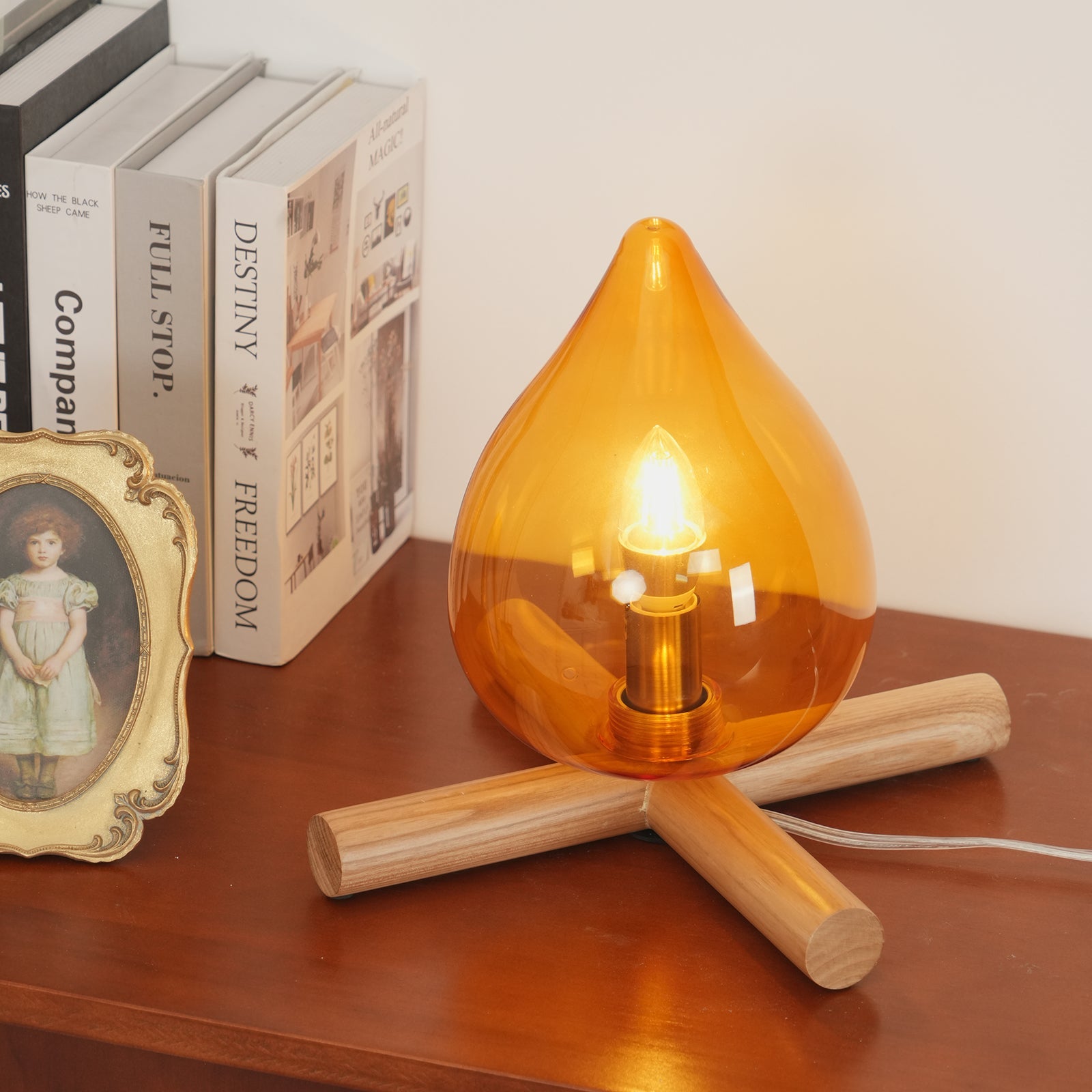 Artistic Table Lamp with Hand-Blown Glass Shade and Wooden Base – 30cm Diameter Bedside or Desk Lamp for Bedroom Decor