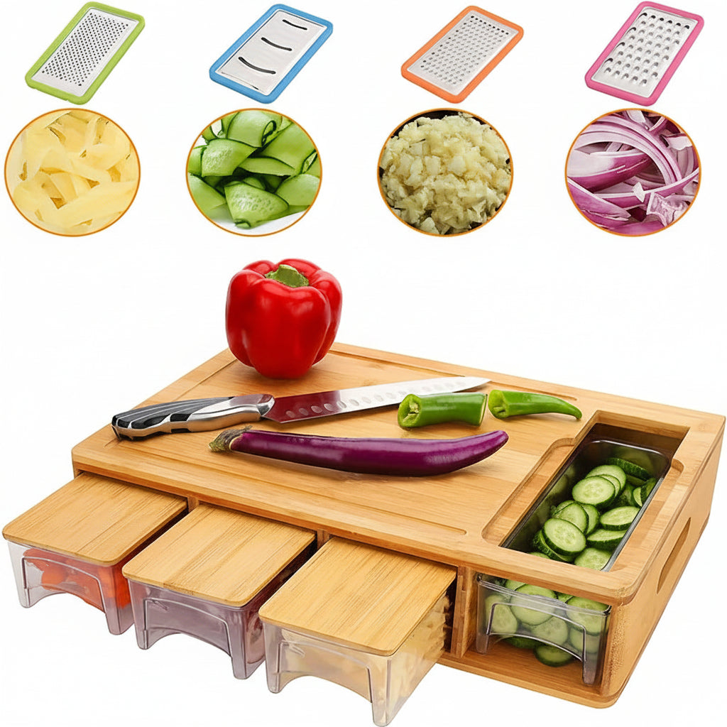 Bamboo Cutting Board with Storage Trays & Interchangeable Graters