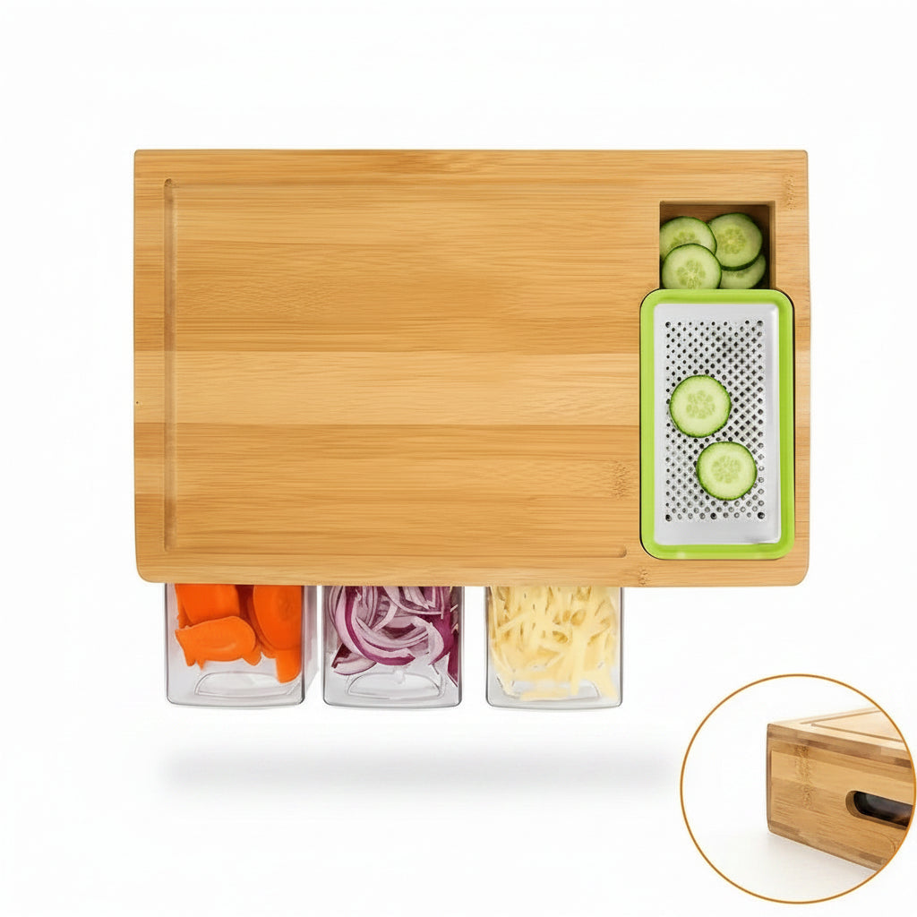 Bamboo Cutting Board with Storage Trays & Interchangeable Graters