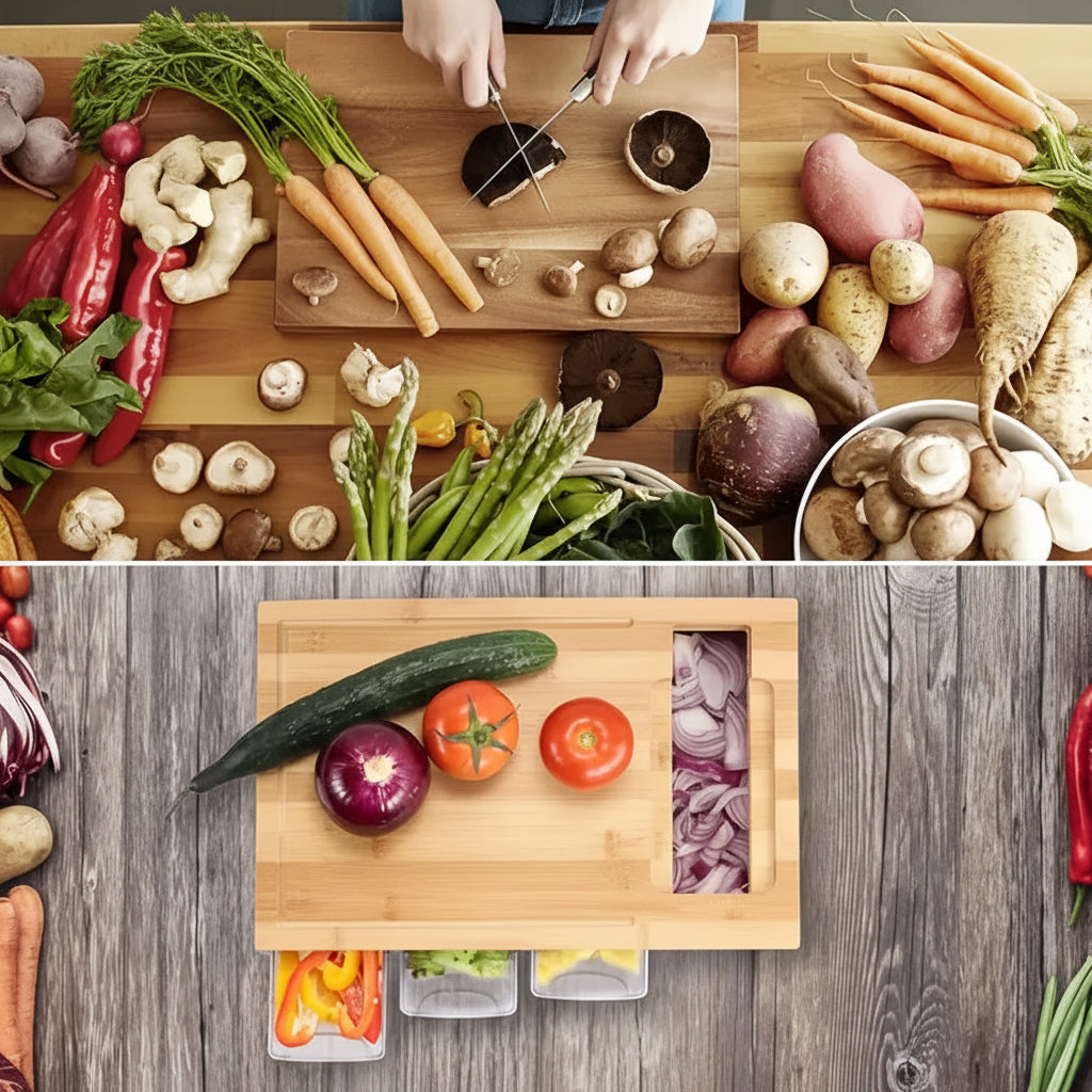 Bamboo Cutting Board with Storage Trays & Interchangeable Graters