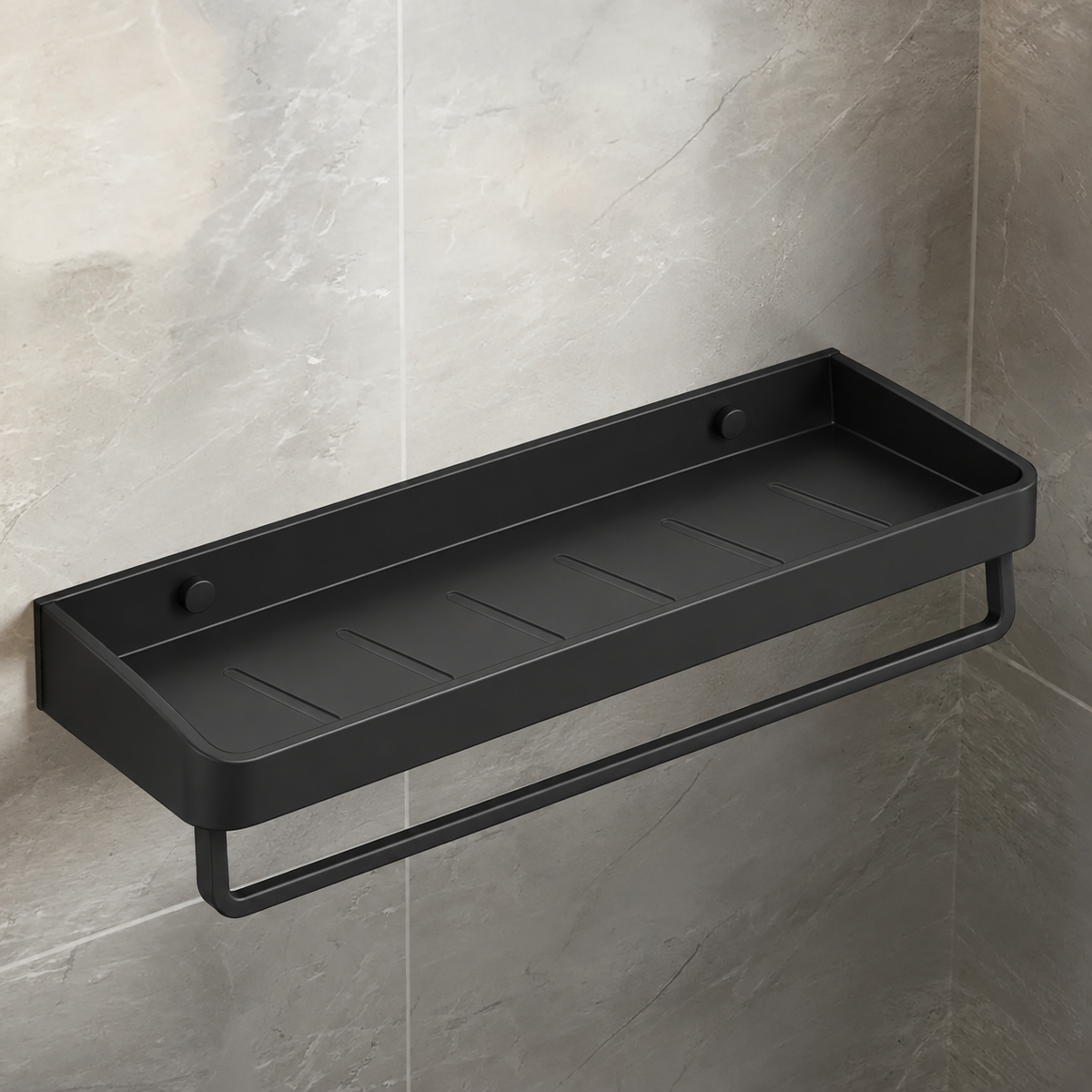Black Aluminium Shower Shelf with Towel Bar