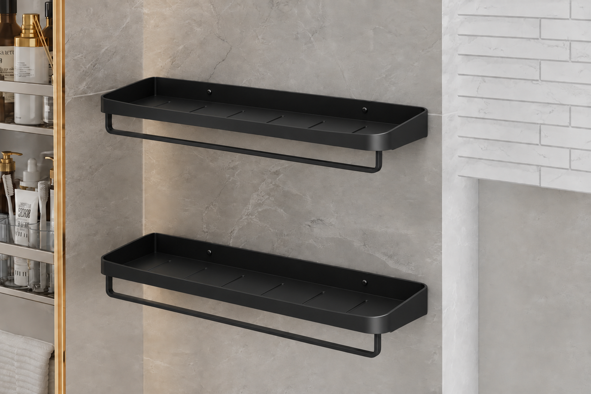 Black Aluminium Shower Shelf with Towel Bar